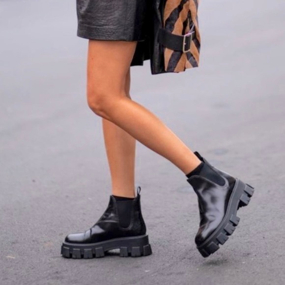 PRADA Monolith Leather Lug-Sole Chelsea Booties - Picture 3 of 13